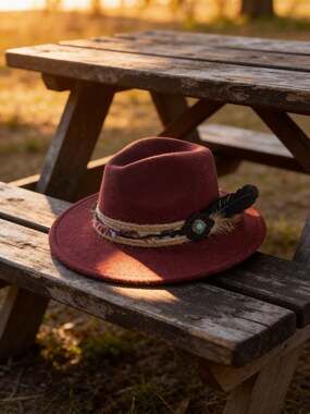 Indiana Designer Burgundy Small Brim Distressed Fedora Hat with Feather and Turq